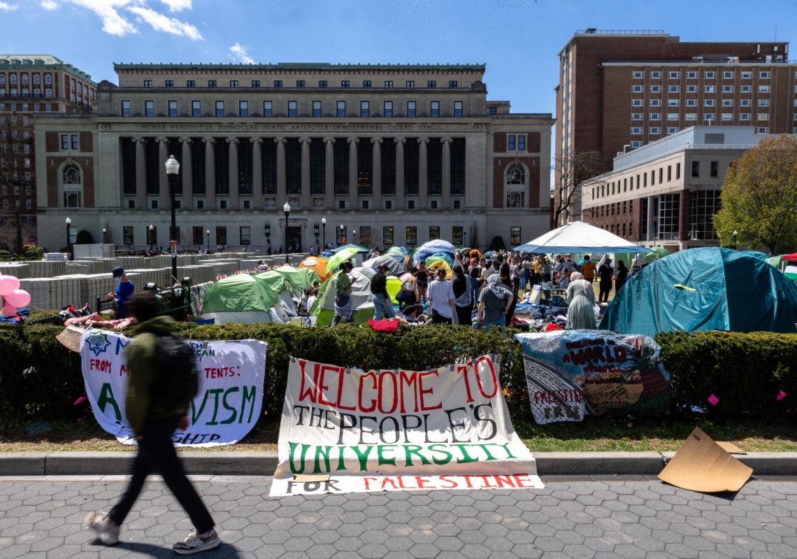 Student demonstrators occupy the pro-Palestinian "Gaza Solidarity Encampment" on the West Lawn of Columbia University on April 24, 2024 in New York City.